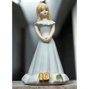 Enesco Growing Up Birthday Girls Figurine Age 10 Porcelain Blonde Blue Dress 80s